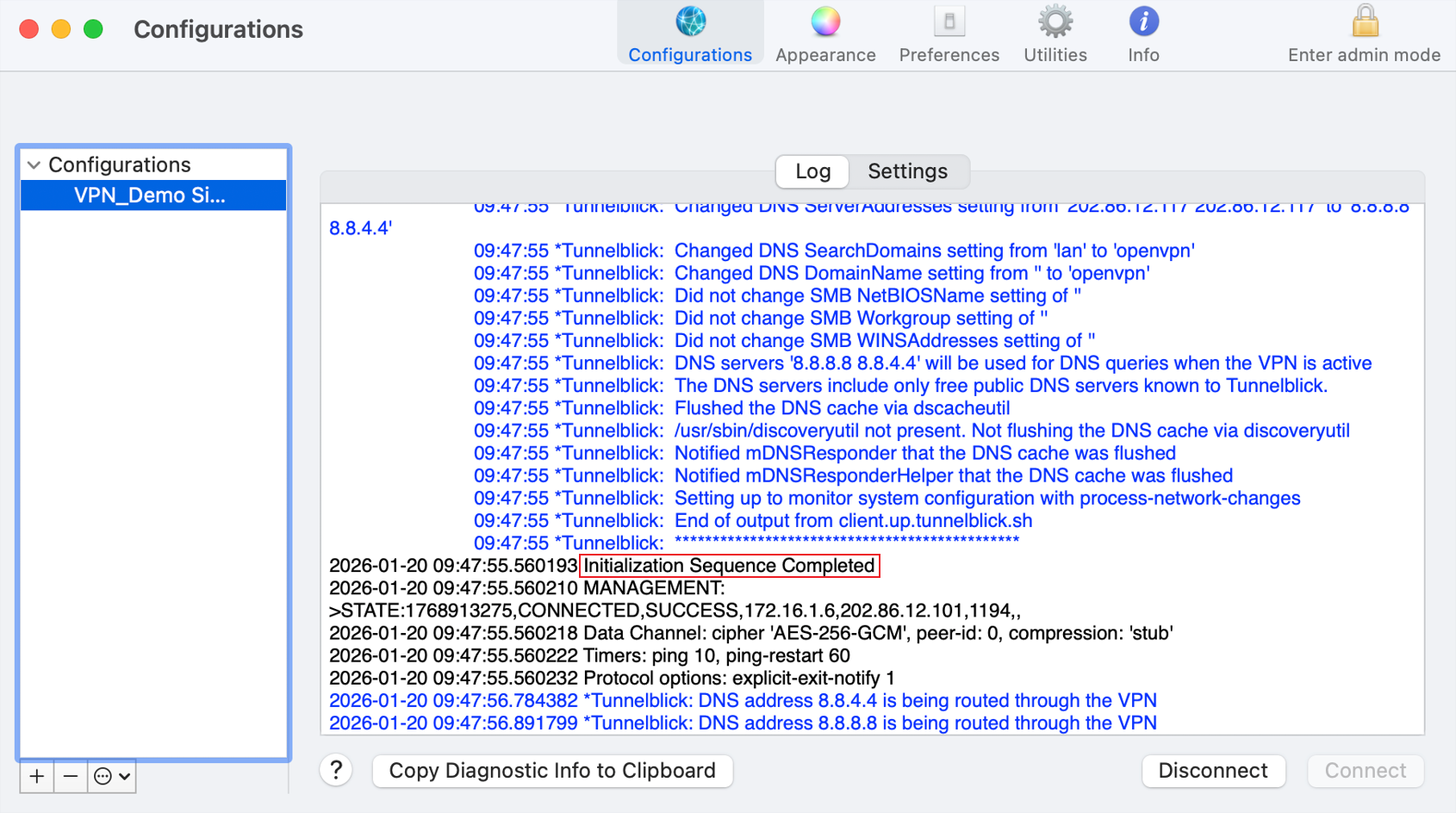 Show an example of a successful connection.