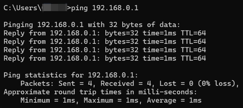 Show an example of verifying connectivity with the Windows built-in ping tool.
