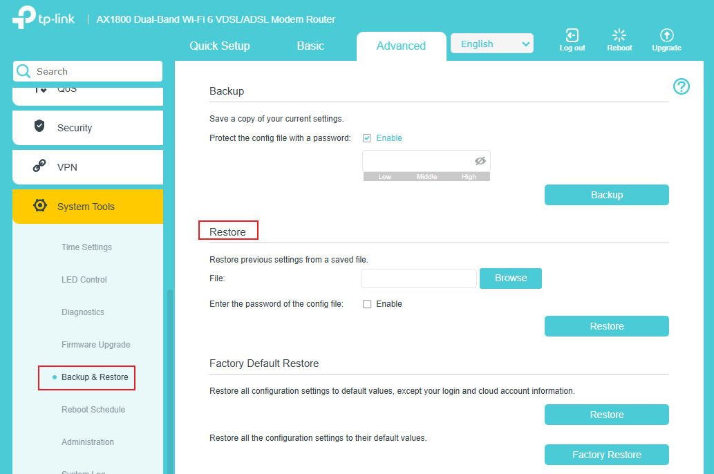 “Backup & Restore” page.