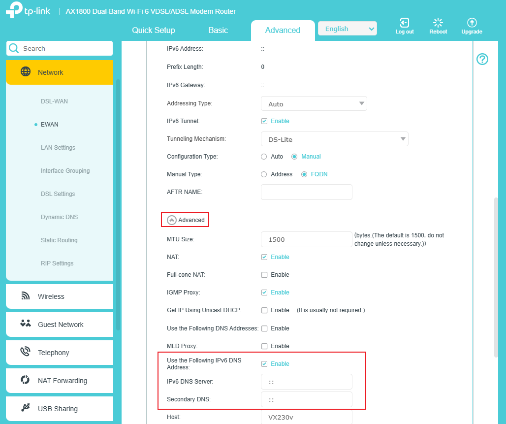 Advanced settings of WAN connection.