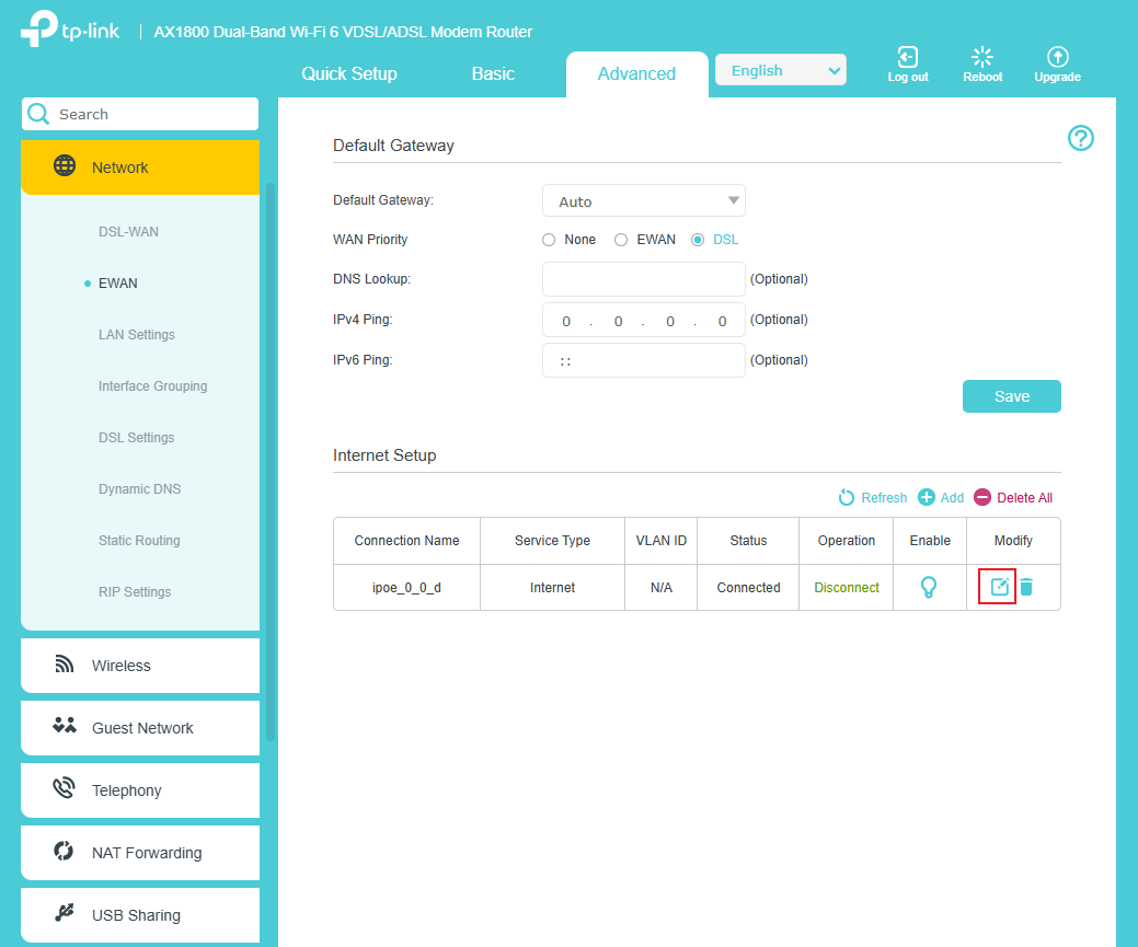 Editing WAN connection button.