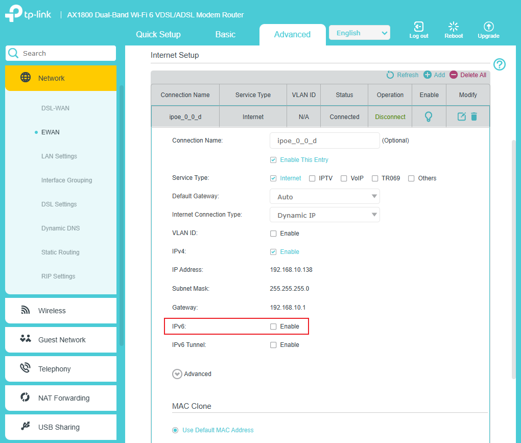 Enable IPv6 checkbox.
