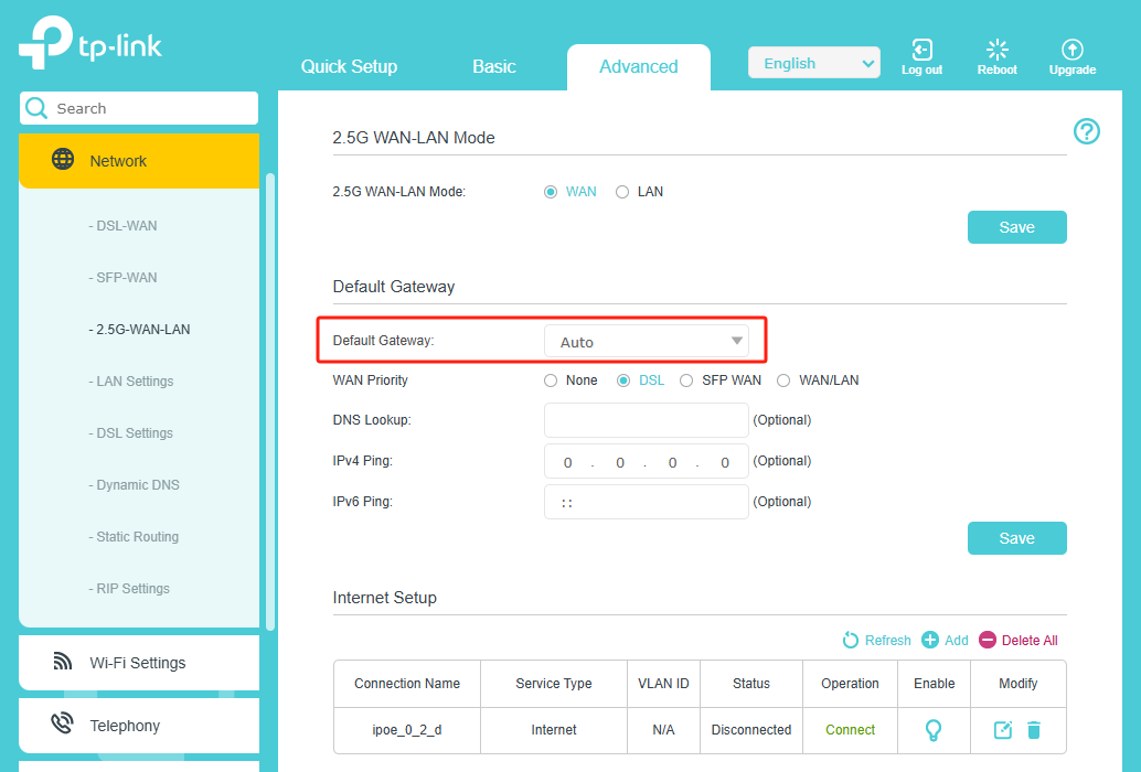 “Default Gateway” page.