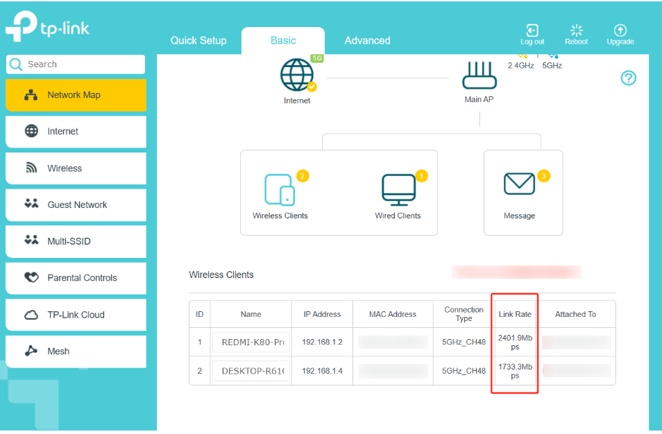 Link Rate of the wireless clients.