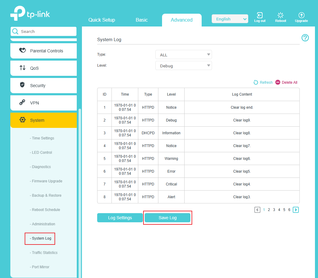 “System Log” page.