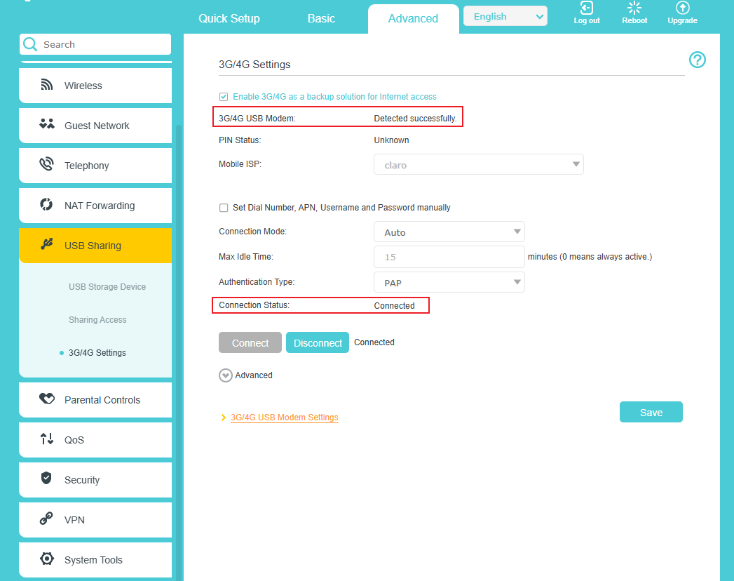 “3G/4G Settings” page.