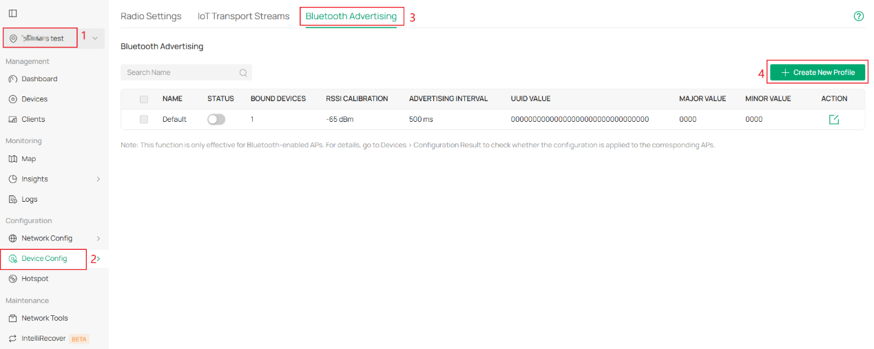 The Bluetooth Advertising page.