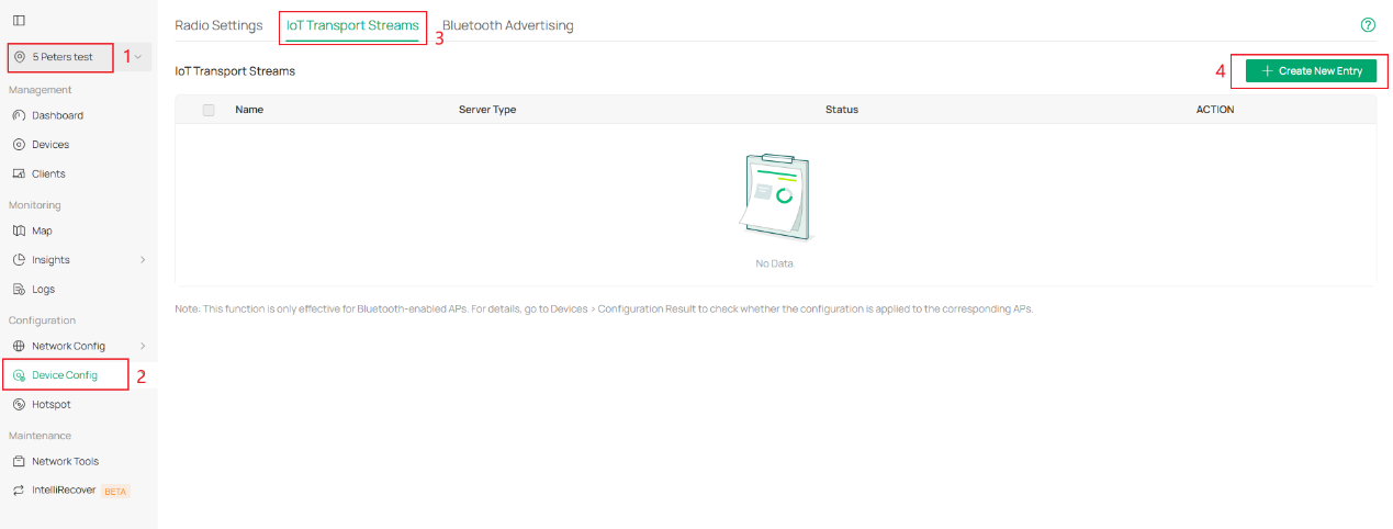 The IoT Transport Steams page.