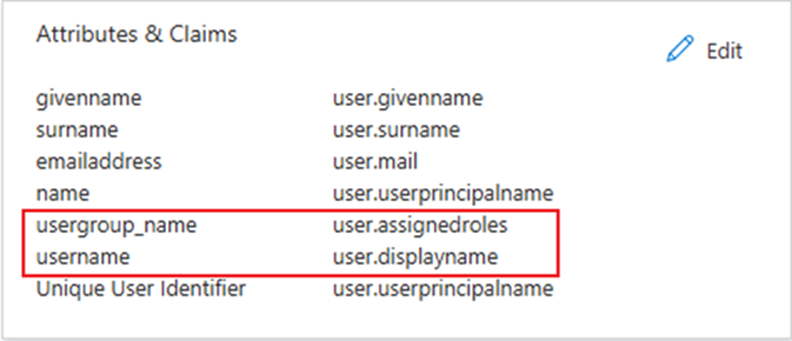Go back to the interface of Attributes & Claims to check whether we have set the username and usergroup_name correctly.