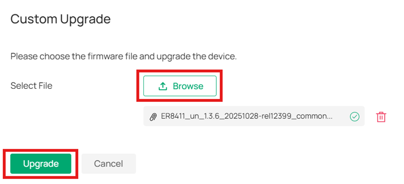 Show how to choose the firmware file and start the upgrade process in controller mode.
