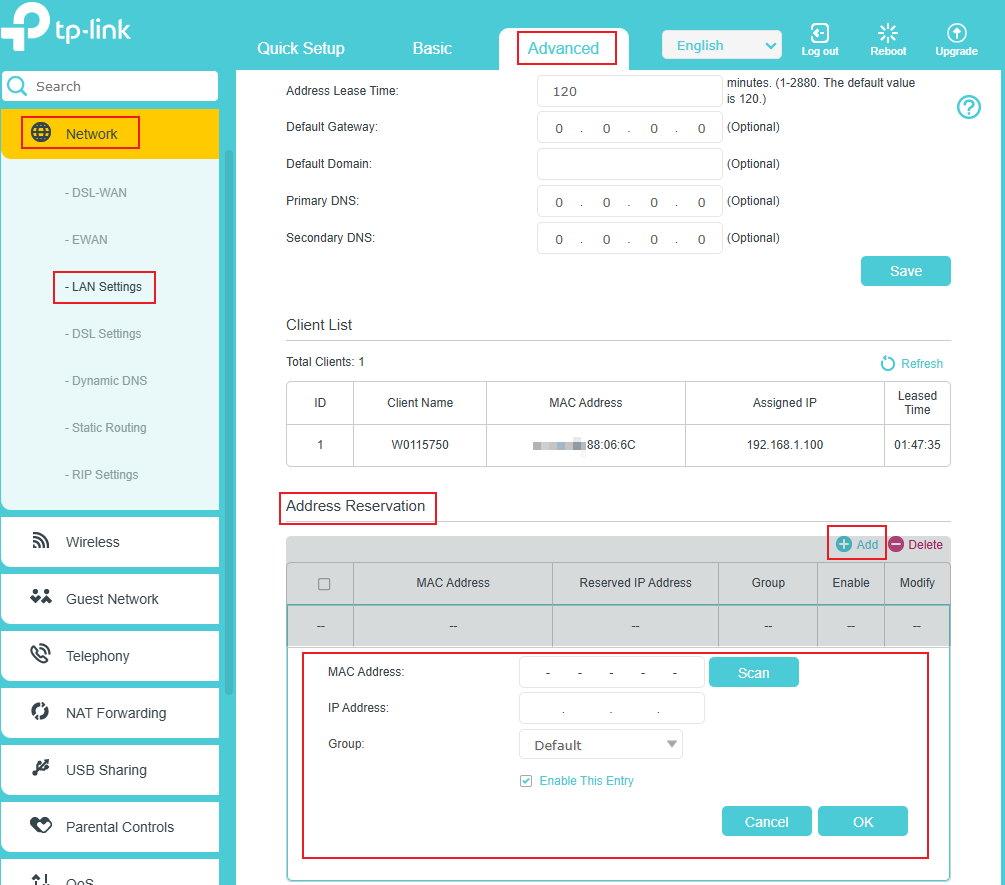 The Address Reservation section in LAN Settings page.