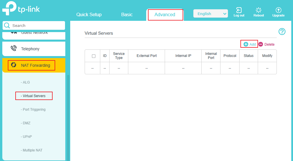 The Virtual Servers page with the Add button in the upper-right corner.
