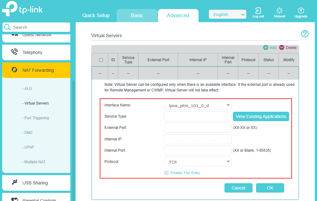 The page for customizing Virtual Servers details.