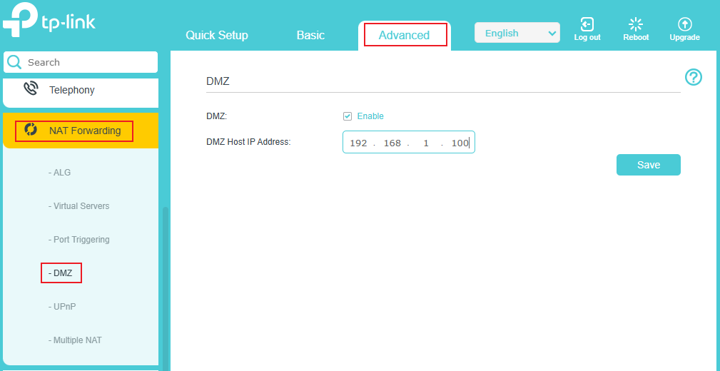 The DMZ setting page.