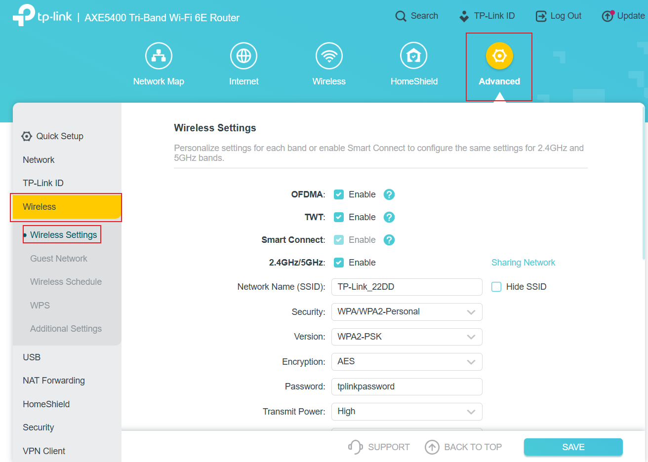 The wireless settings page on the web management.