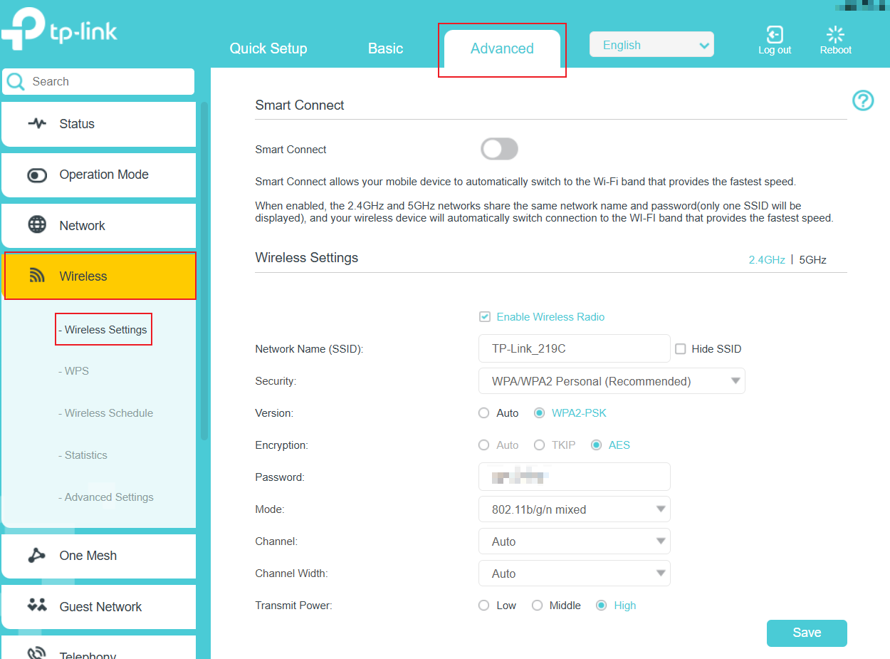 The wireless settings page on the web management.