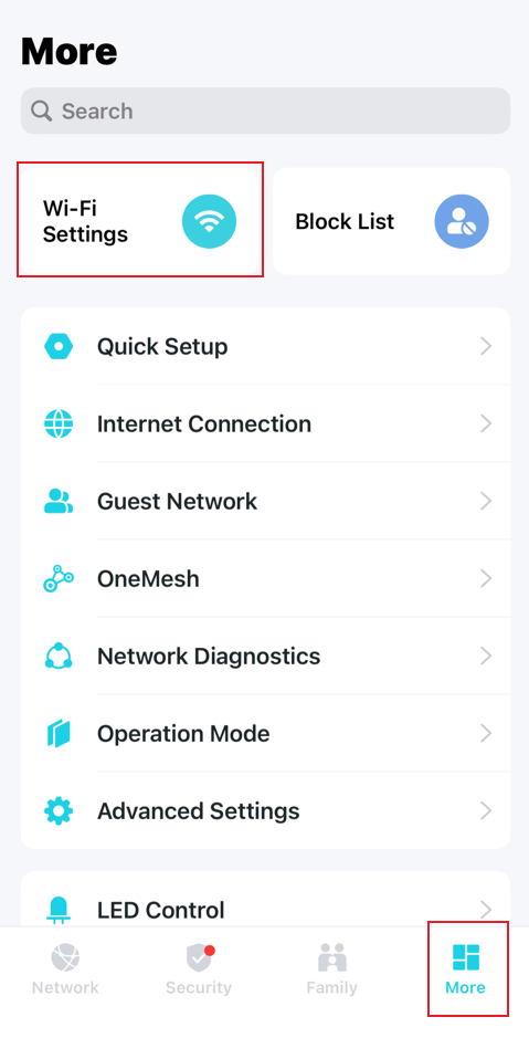 The way to find Wi-Fi settings on the Tether app.