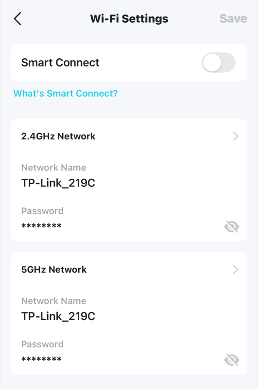 The Wi-Fi settings page on the Tether app.