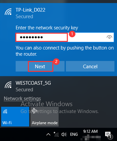 Enter Wi-Fi password, then click “Next”.
