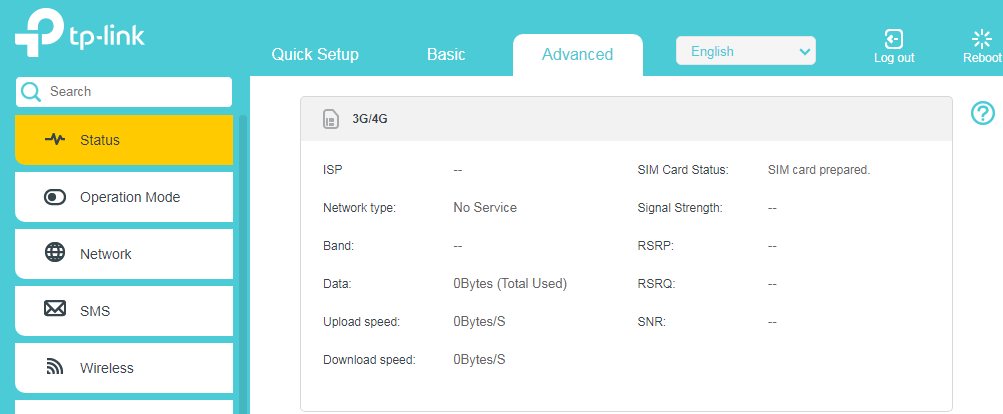 The status page shows that the network type is No Service.