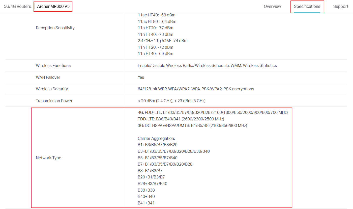 The specific Network Type and Band supported by Archer MR600.