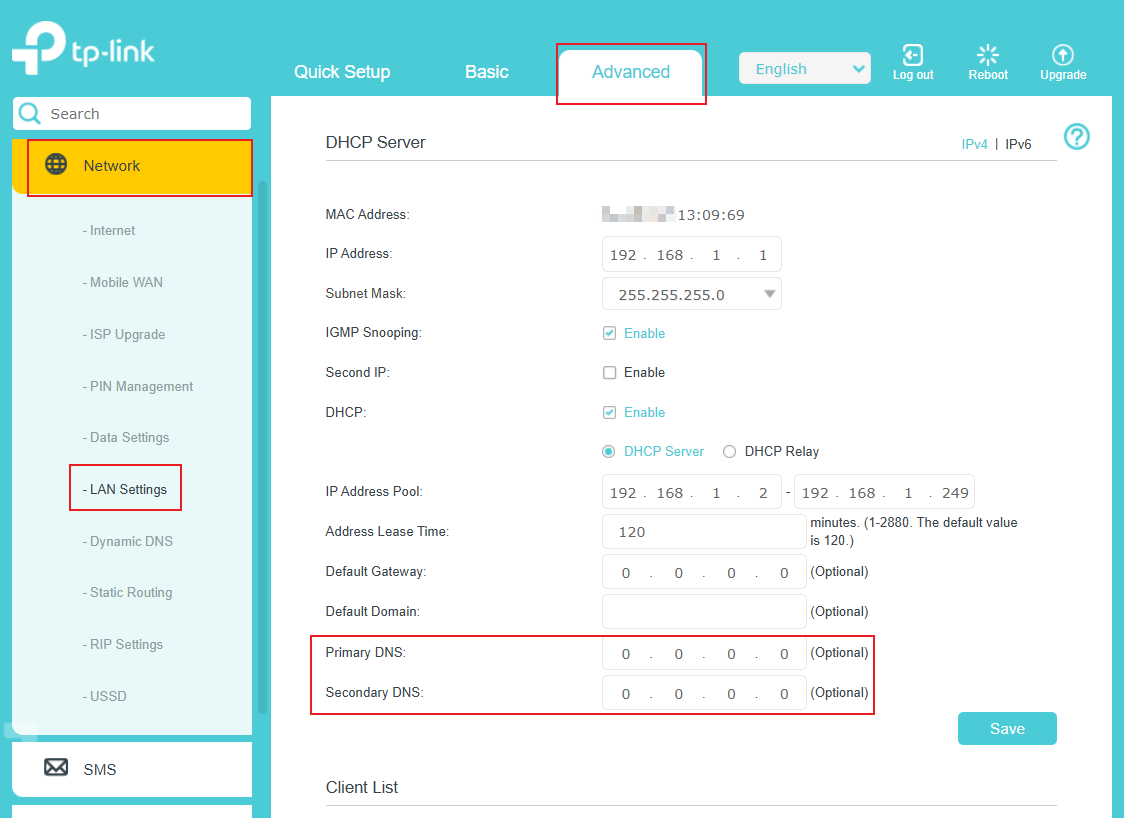 The page of LAN Settings.