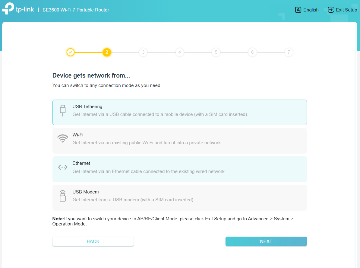 The USB Tethering option during the installation for the TL-WR3602BE.