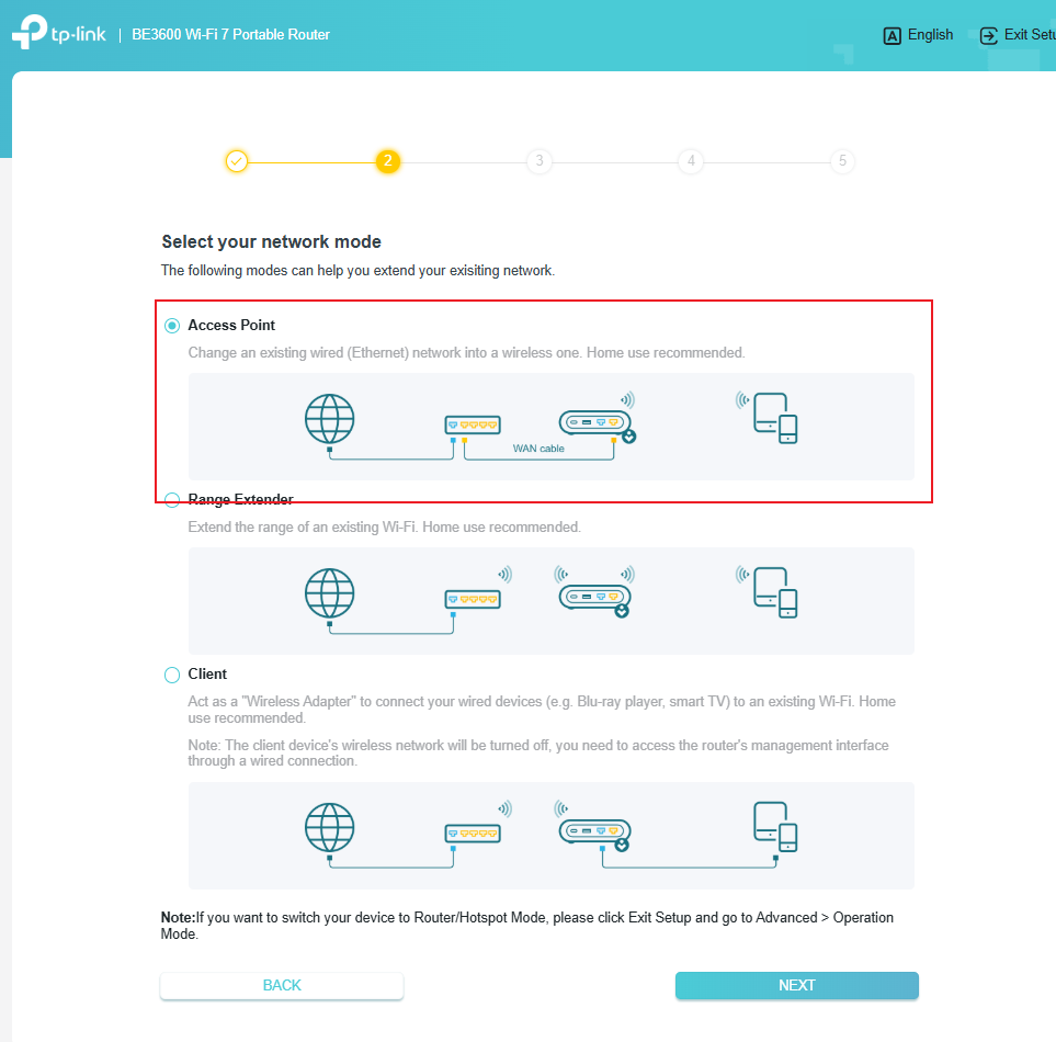 Select the network mode page.