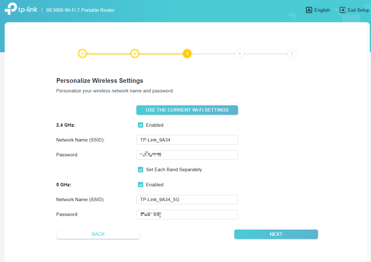The page of personalize wireless settings.