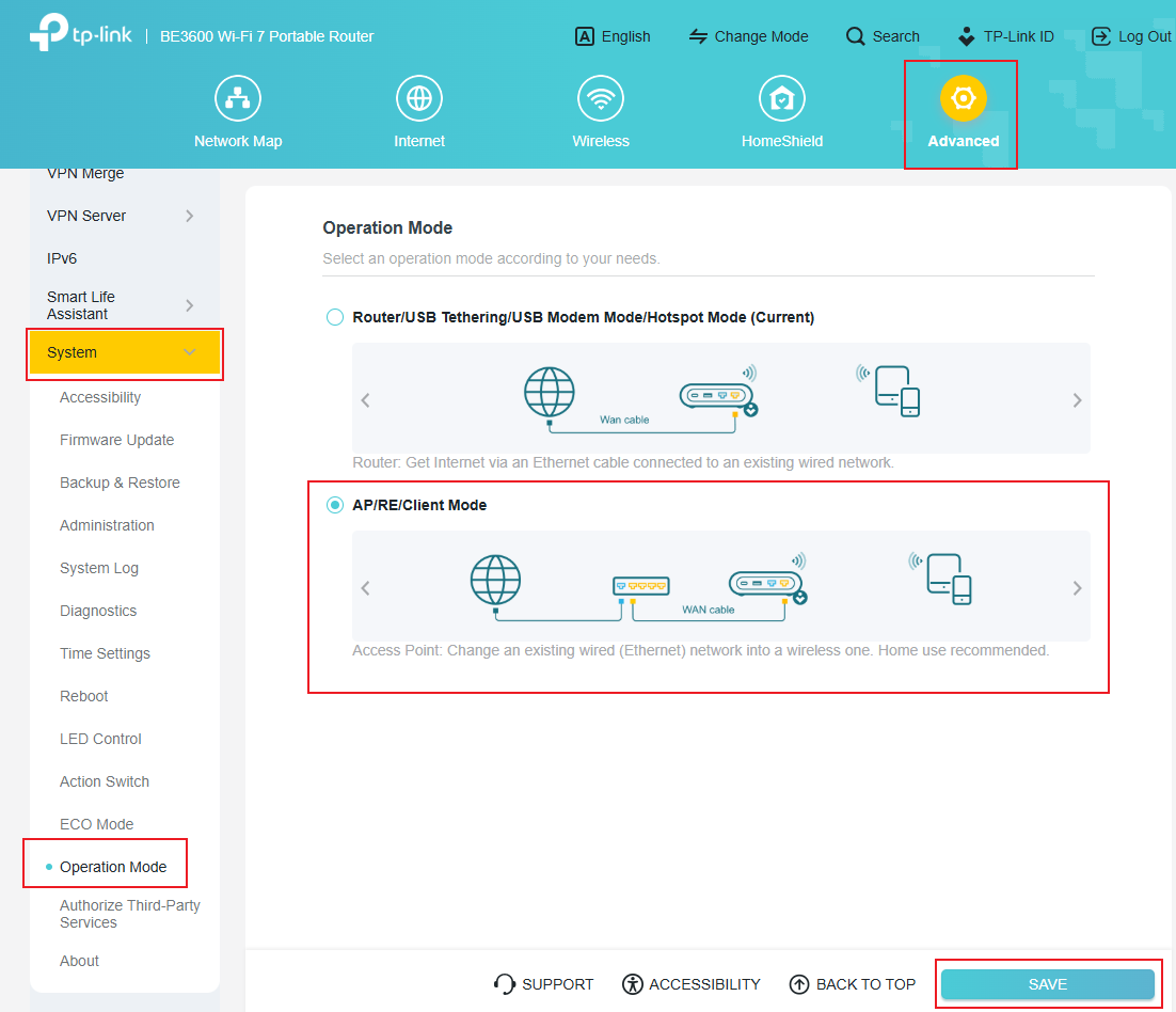 The path to change mode to access point mode.