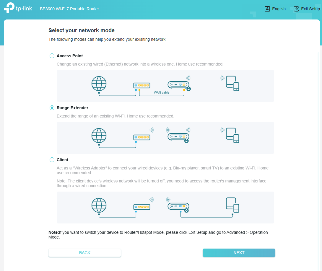 Select the network mode page.
