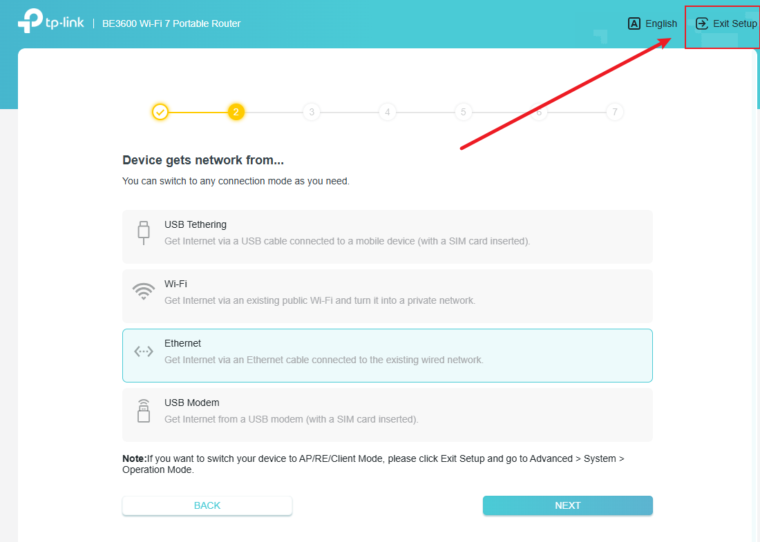 The interface displays the location of the "exit setup" option.