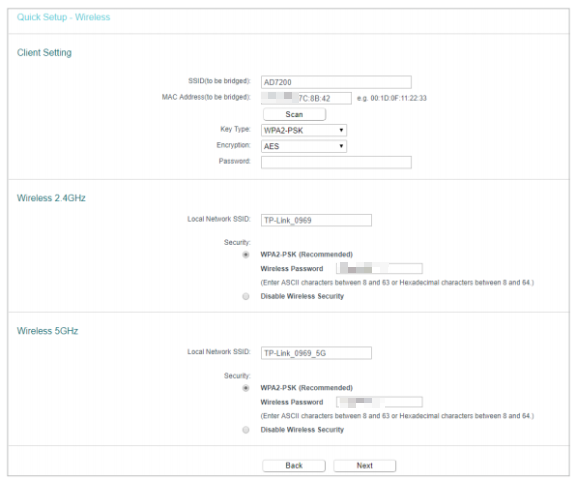 The client and wireless settings page.
