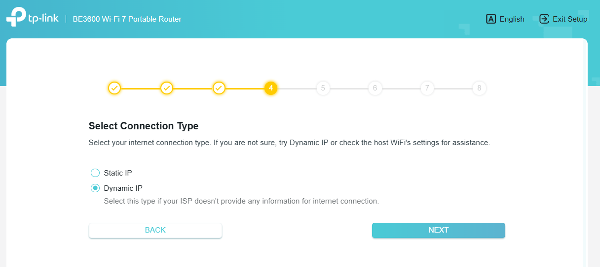The page for selecting the connection type.