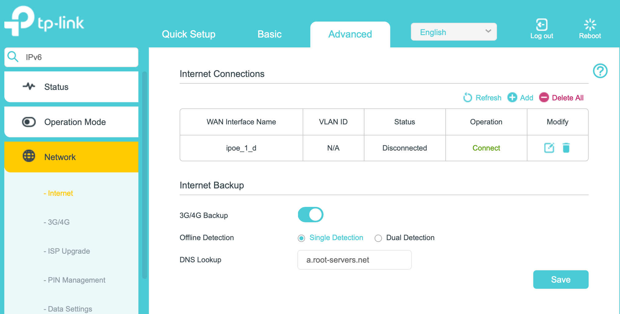 Archer MR600 dial-up configuration page in EWAN mode.