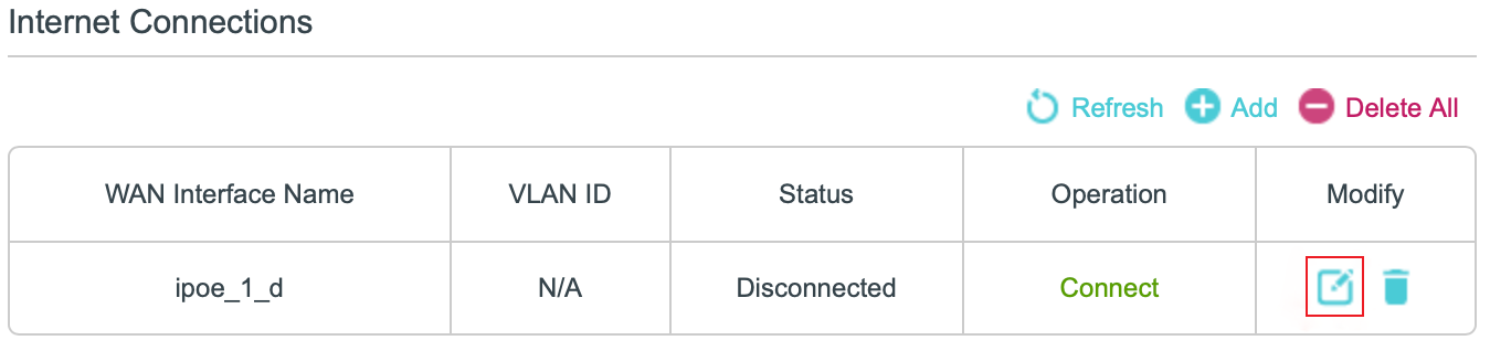 Location of the Internet Connection entry edit button.
