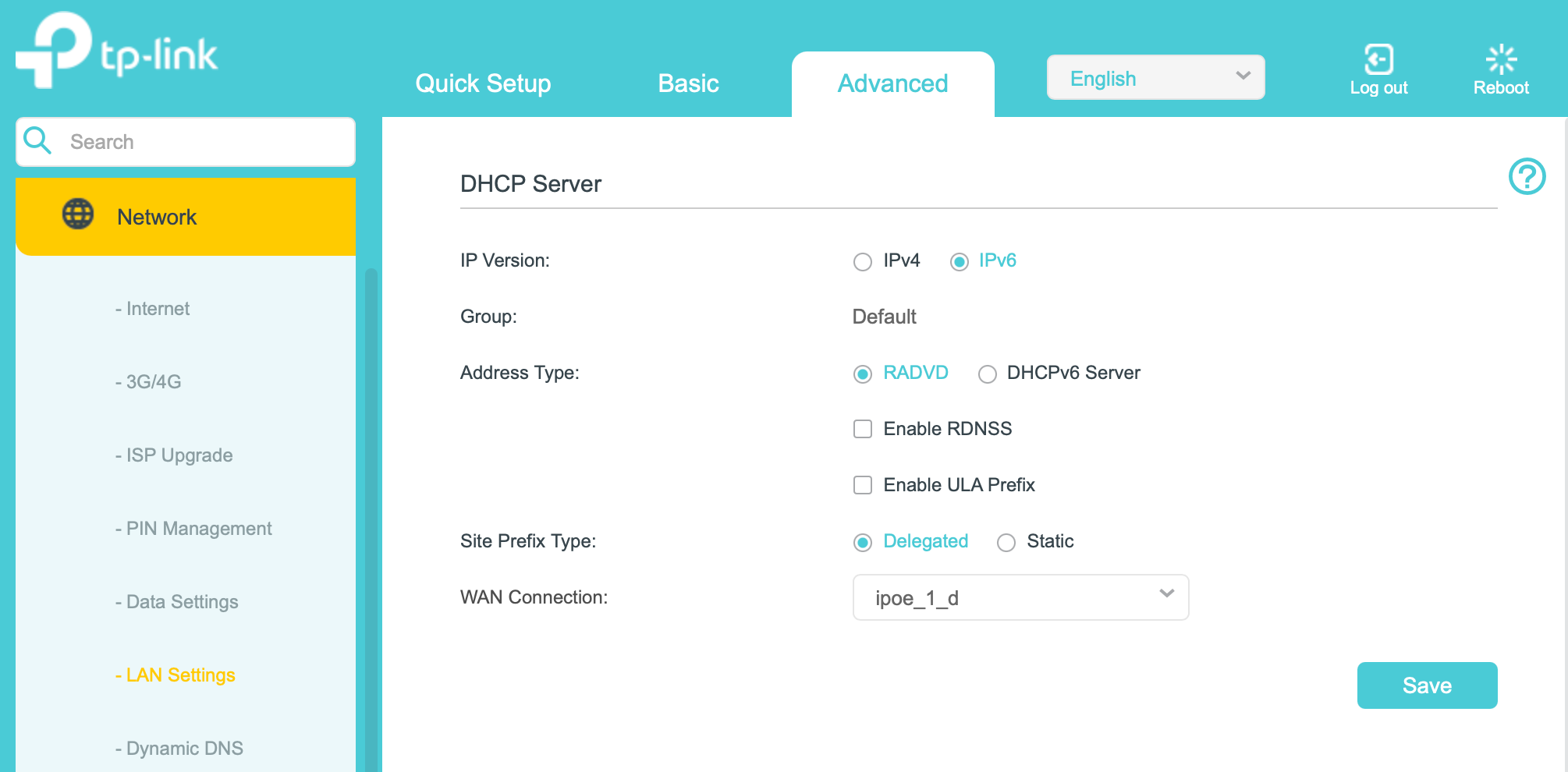 The IPv6 configuration page on the LAN side of the Archer MR600 in EWAN mode.