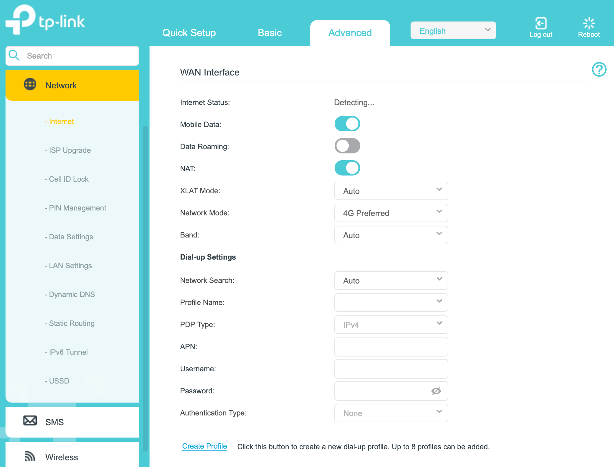 Dial-up configuration page in 3G/4G/5G router mode.