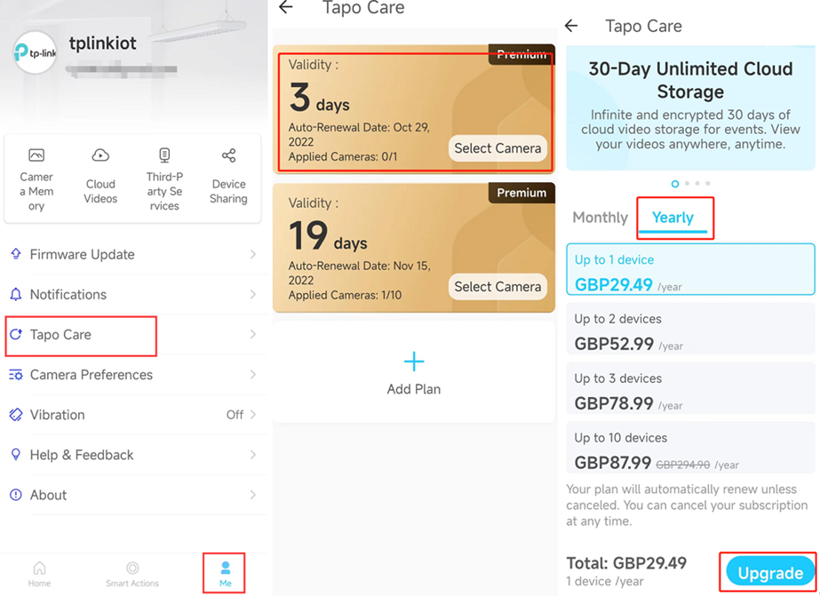 Tapo Care page on APP.