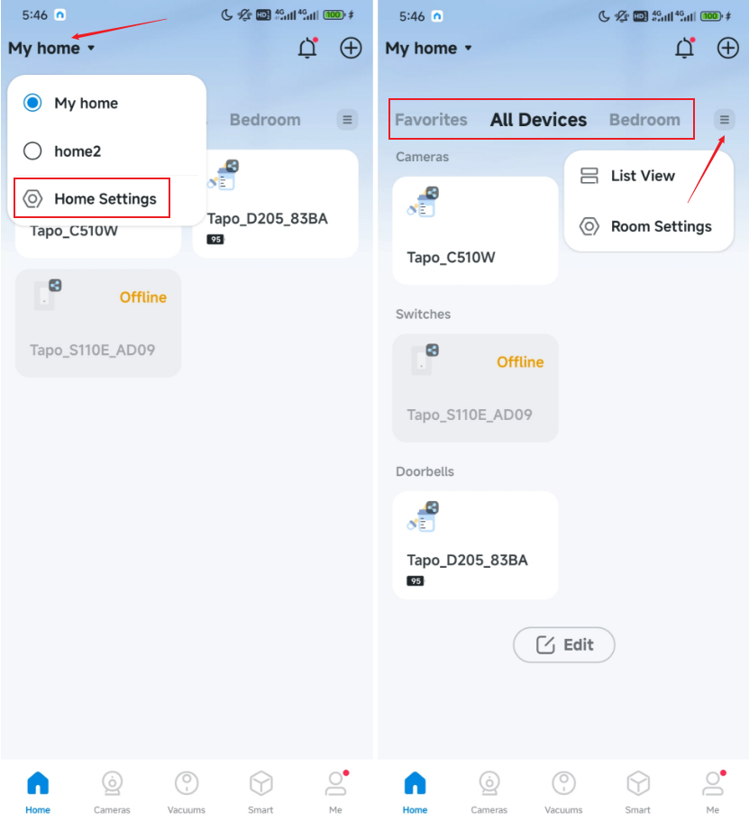 Home Settings and Room Settings.