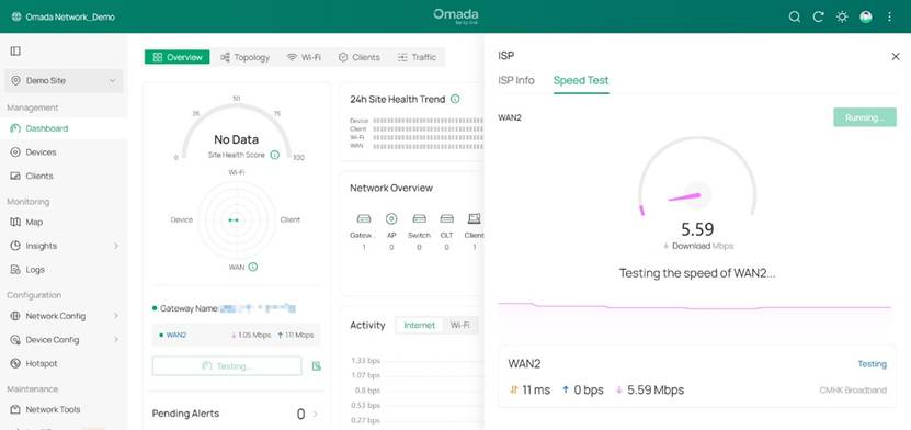 Show an example of a gateway performing a speed test.