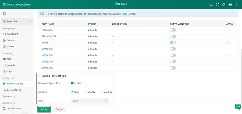 Show an example to configure the scheduled speed test.
