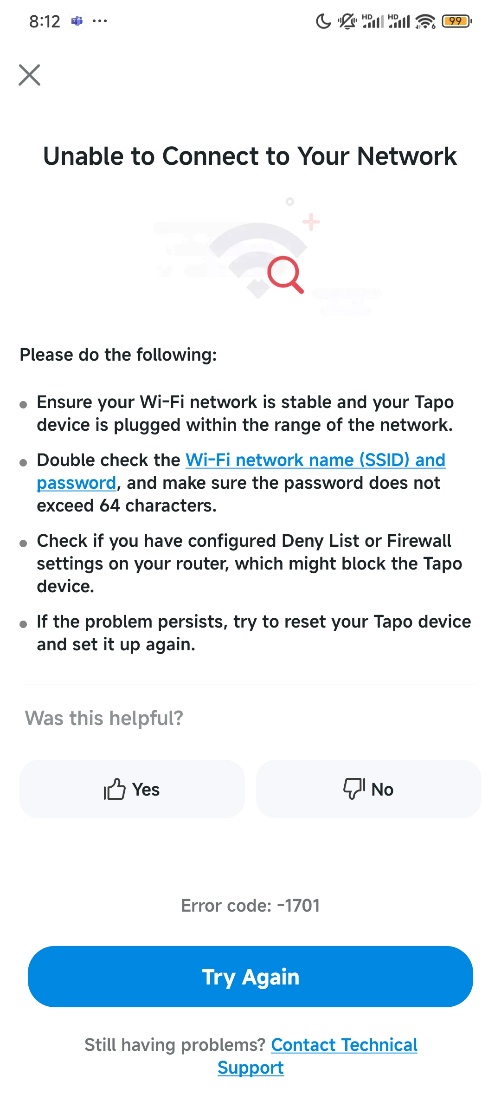 Unable to Connect to Your Network.