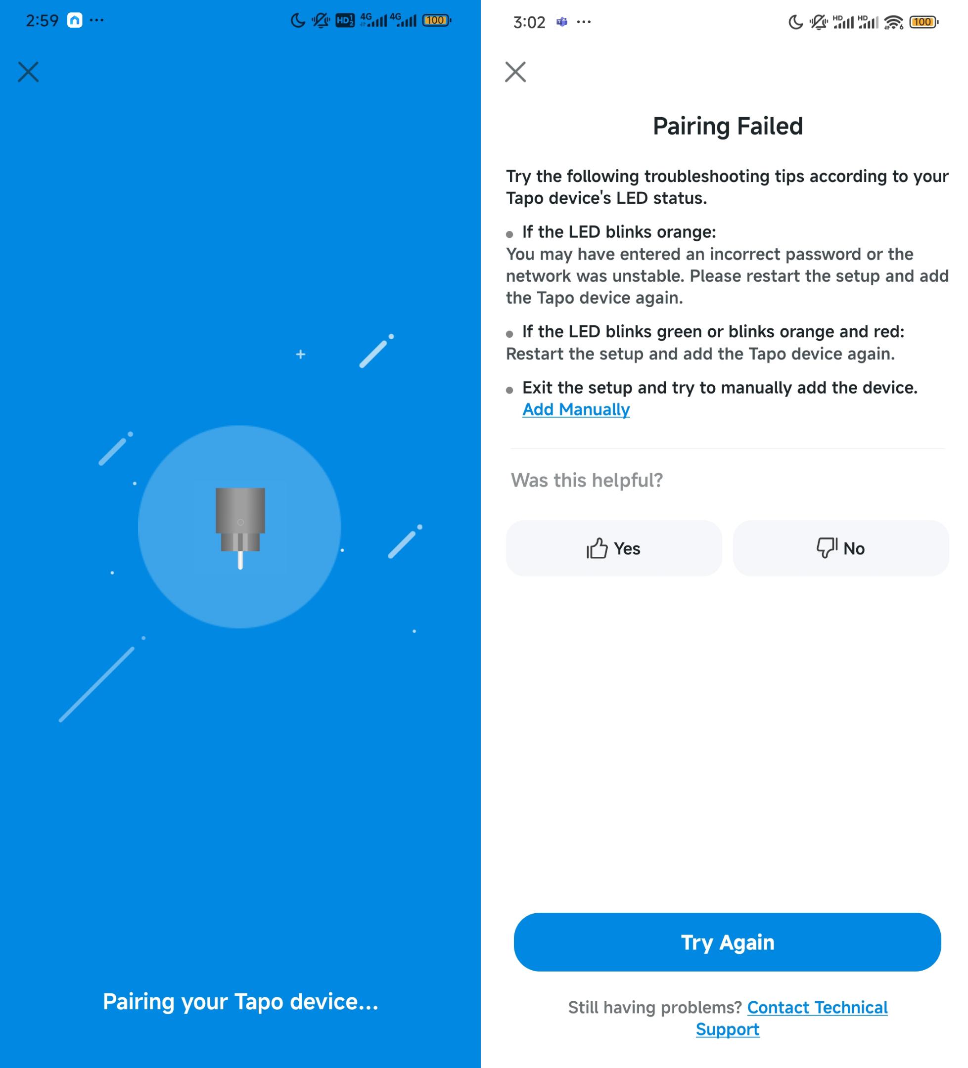 Pairing your Tapo device but failed.