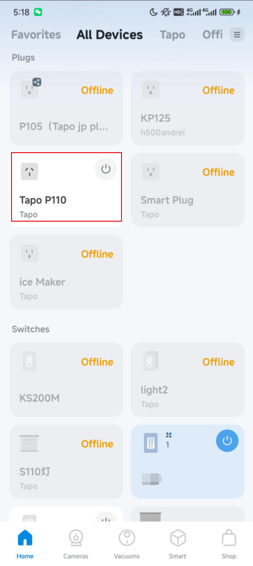 The Tapo app homepage displays the devices you've added.