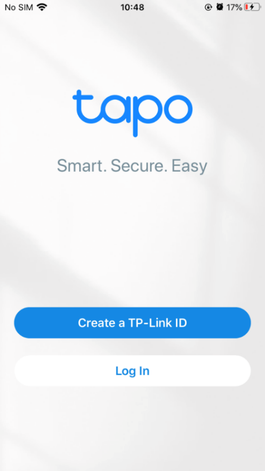 Página de login do ID TP-Link no aplicativo Tapo.