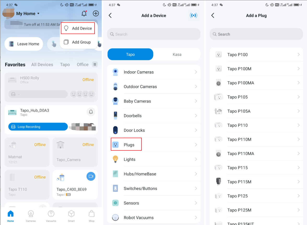 Click the Add Device button in the upper-right corner to enter the Tapo device list selection page.