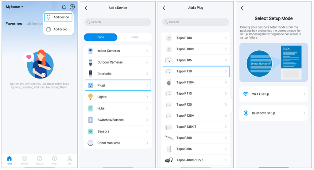 Tapo device list used to choose the setup portal for the Tapo device.