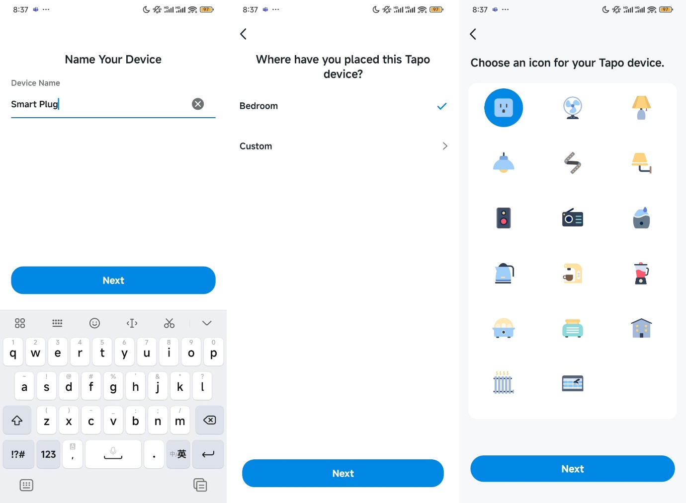Pages on the Tapo App guide you to name the device and select the location and icon.