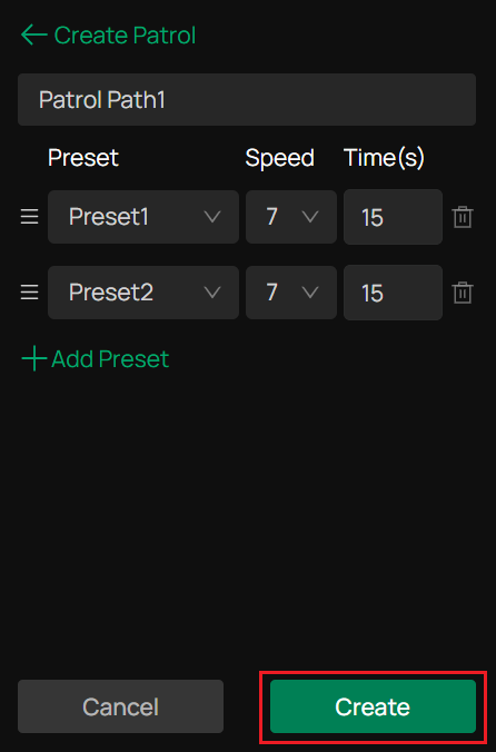 Patrol Path configuration page.